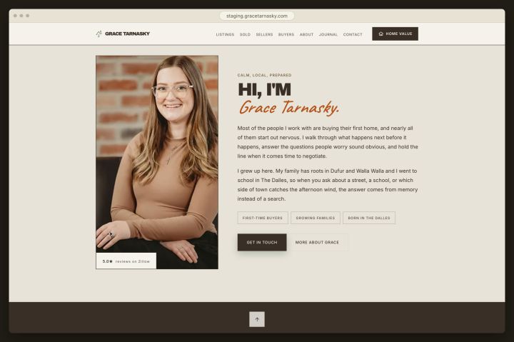 Her introduction, halfway down the home page.