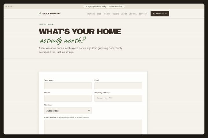 The valuation form: an address, a timeline, and a bot check.