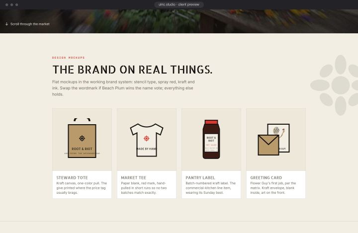 The same preview past the hero, brand mockups and all