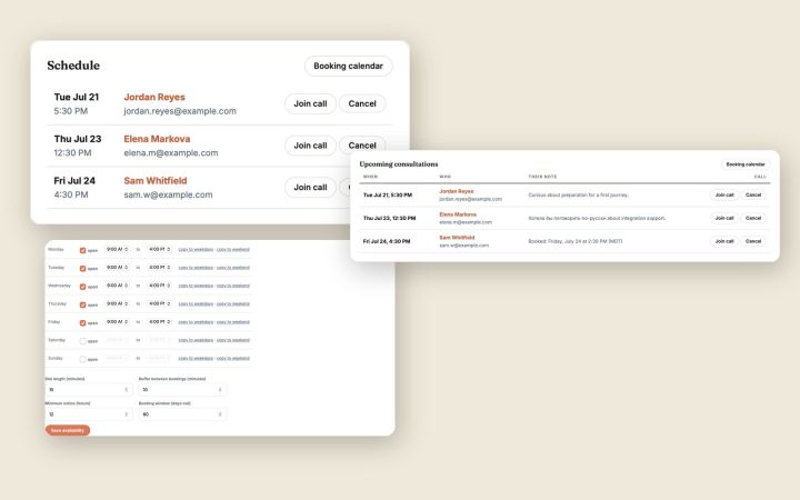 Bookings land in the CRM with join and one-click cancel