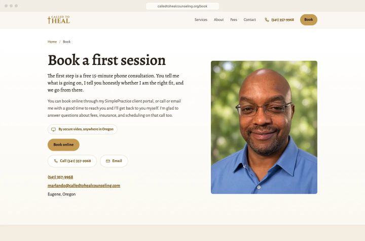 A free 15-minute phone consultation, and a direct link into his SimplePractice portal