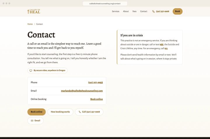 Contact: phone, email, and booking, with 988 and 911 beside them. No form.