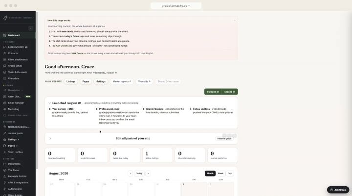 Her dashboard: leads, tasks, the week's calendar, and a launch checklist in plain English.
