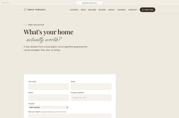 The valuation page: a real lead pipeline, not a widget rented from a portal.