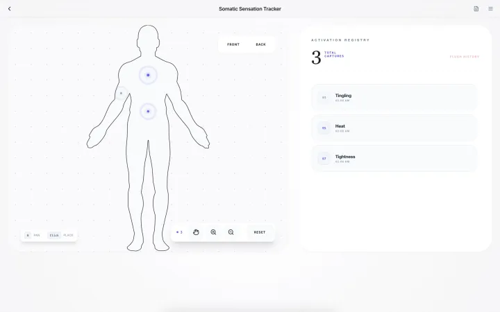 Somatic map: three sensations placed, registry tracking