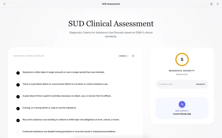 DSM-5 screener: five criteria checked, scored live