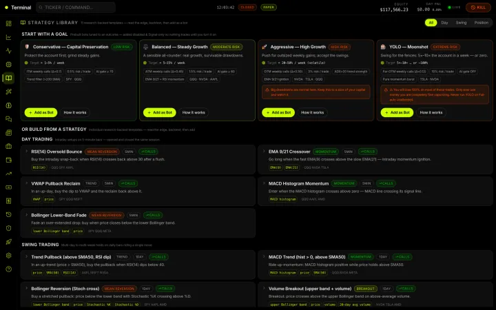 Strategy Library — goal-based prebuilt bots + research-backed templates Pick an outcome (Conservative → YOLO) or build from a documented strategy; one-click Add as Bot.