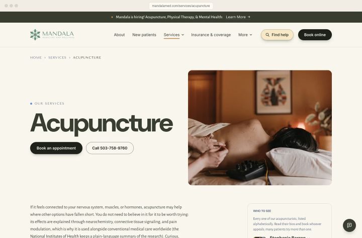 The acupuncture page: what it treats, 75-minute first visits, and the line "Dry needling is acupuncture".