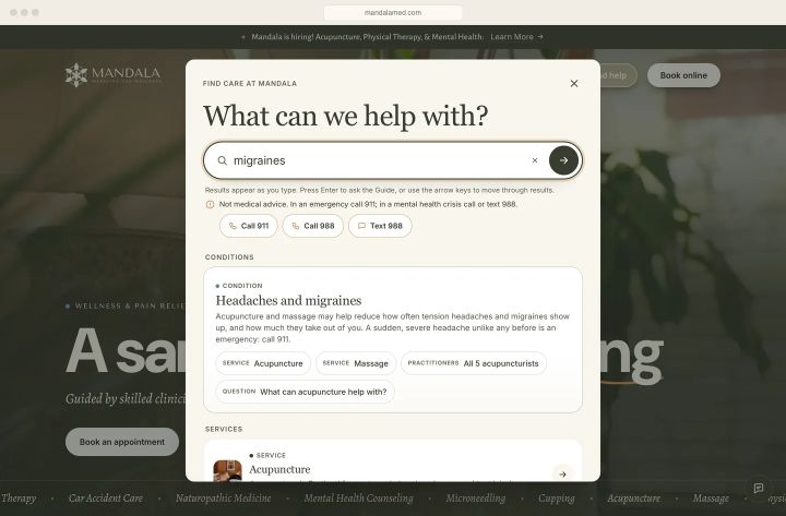 "migraines" typed into Find care at Mandala: the matching condition, the services that fit, and the practitioners who treat it, A to Z.