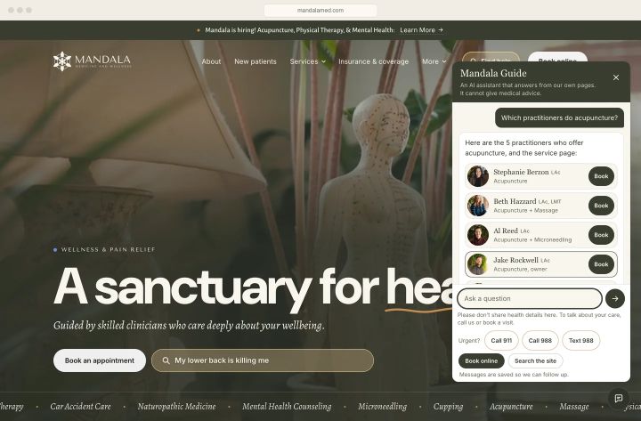 The Mandala Guide answering "Which practitioners do acupuncture?": practitioner tiles with headshot and credential, and Book online as the filled card.