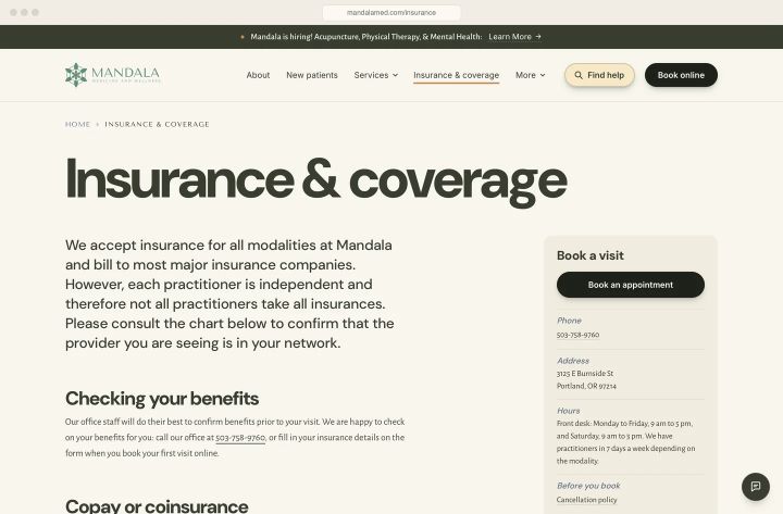 Insurance by practitioner, current as of April 2026, with PIP after a crash and TriWest for veterans explained above the chart.