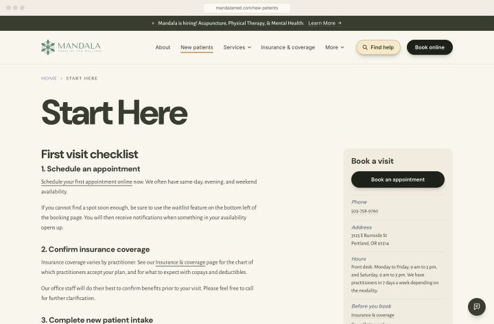 Start Here: four steps from booking to the 24-hour cancellation policy, the intake form due 48 hours before the visit.