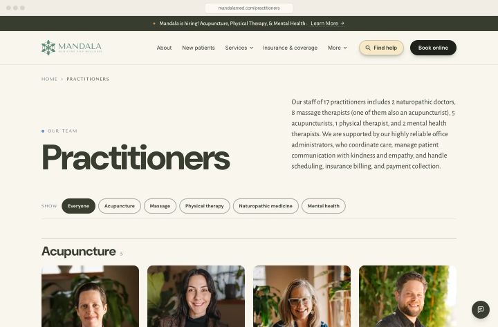 Sixteen practitioners grouped by discipline: five acupuncturists, seven massage therapists, one physical therapist, two naturopathic doctors, one counselor.