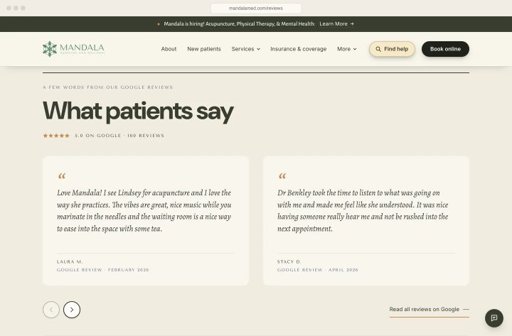 What patients say: eight of the clinic's 160 Google reviews in a carousel, 5.0 overall, with a link to read the rest.