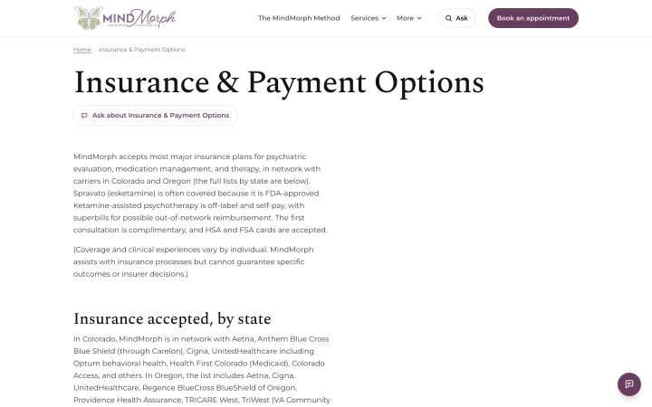 Insurance & Payment Options, carriers listed by state.