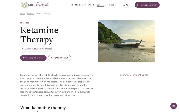 Ketamine Therapy service page with breadcrumb, Ask chip, Book and Call buttons.