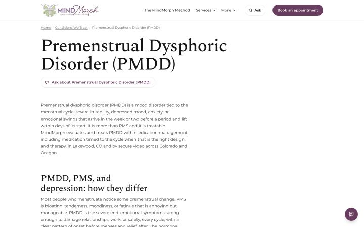 The PMDD condition page: intro and "PMDD, PMS, and depression: how they differ".