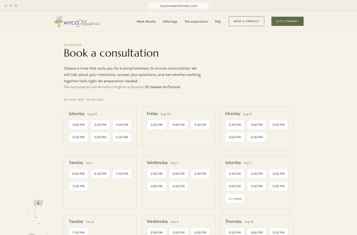 The live booking page: only genuinely open times, sixty days out, on the practice's own domain