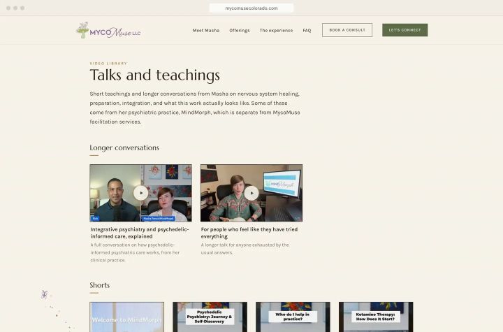 Talks and teachings: a video library she fills herself, longer conversations and shorts