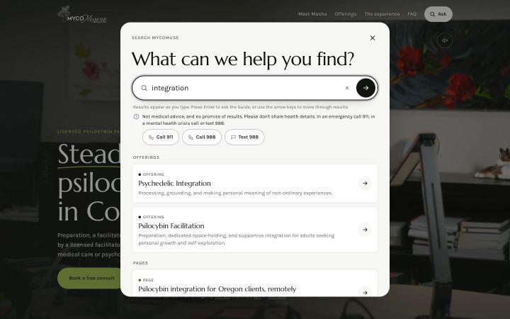Search MycoMuse with "integration" typed: offering cards and the Oregon remote-integration page.