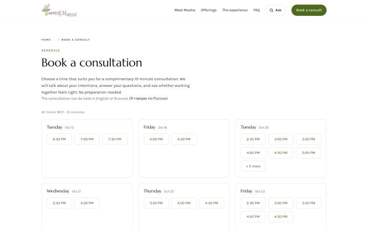 Book a consultation: six day cards of 15-minute slots, all times MDT.