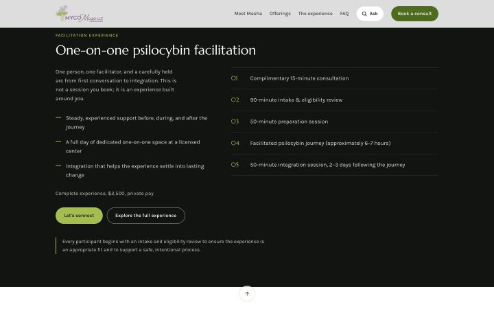 The experience section: five steps and "Complete experience, $2,500, private pay".