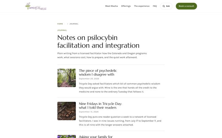 Notes on psilocybin facilitation and integration: journal entries with thumbnails and dates.
