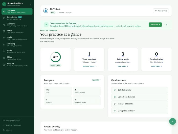 Practice admin overview: team, leads, and invites for multi-provider clinics