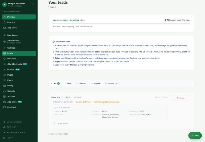 The provider leads inbox: every inquiry routed, tracked, and answerable