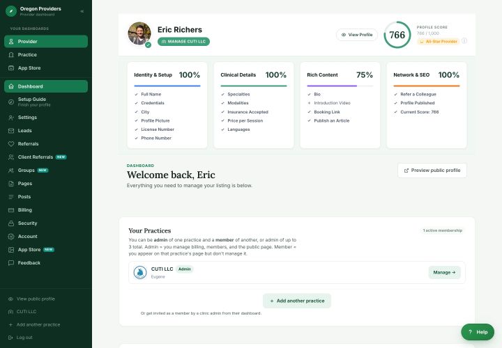 Provider dashboard: profile score, health cards, and the week at a glance
