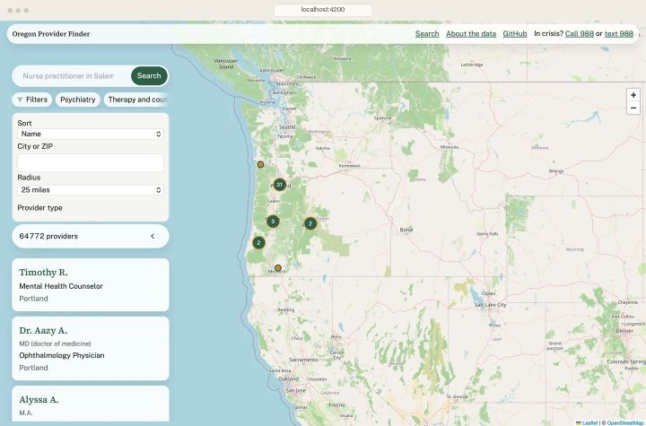 Filters open: sort, city or ZIP, radius, and provider type