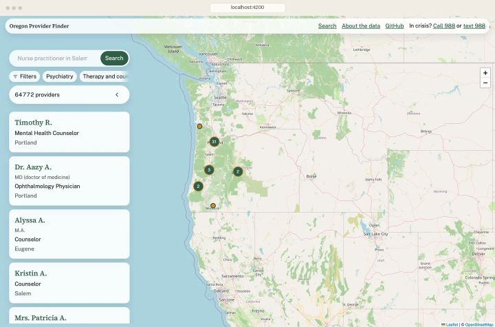The whole state on first load: a full-window map, with the list in glass cards on the left
