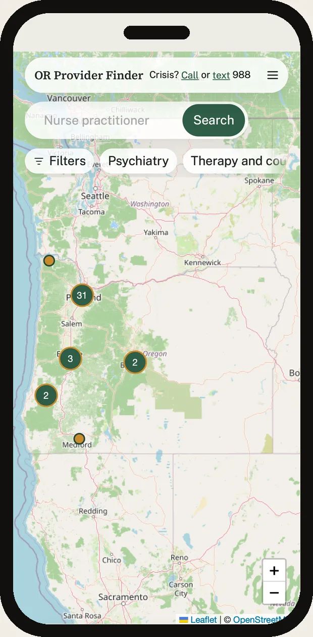On a phone the map fills the screen, and the list shows as a short peek at the bottom