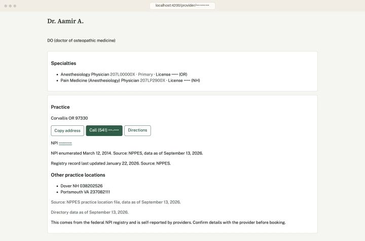 A profile: two specialties, the Corvallis practice, and the other locations the NPPES location file adds