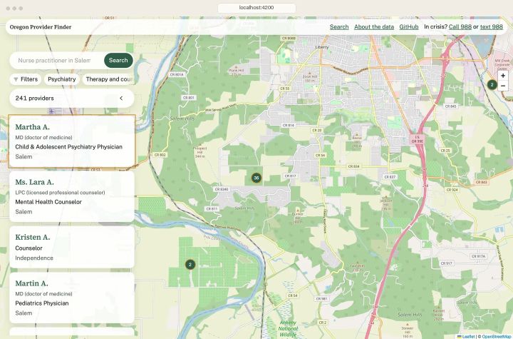 Searching Salem: 241 providers, the map zoomed in, and clusters where people share a ZIP center
