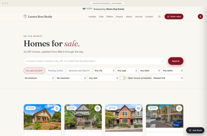 The catalogue: 22,397 for sale, 5,810 pending, 48,317 recently sold, each count live off the feed