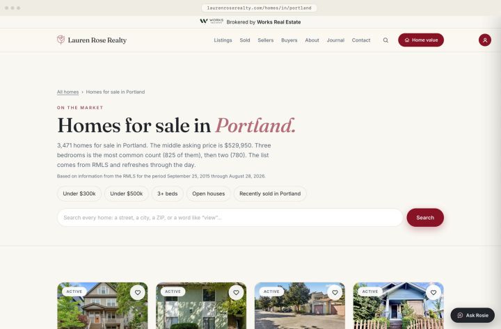 A hub page writes its own copy from the rows it holds: the count, the middle asking price, the most common bedroom count, and the period notice the rules require