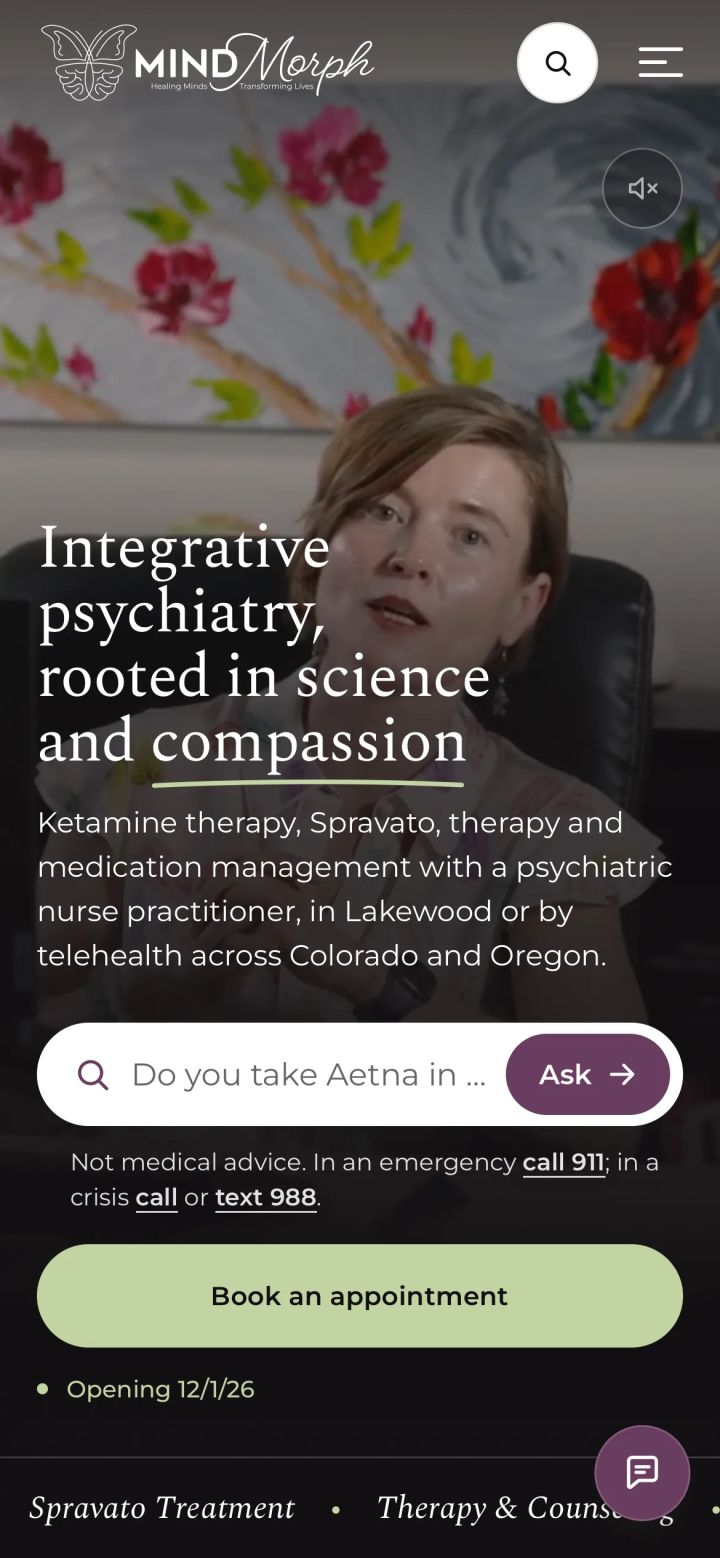 MindMorph Holistic Psychiatry: off WordPress and onto its own engine before the doors open, the same page on a phone