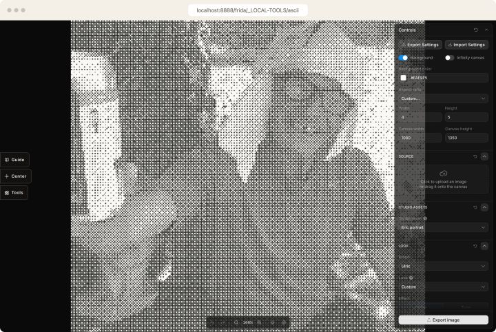 ASCII turning the studio portrait into a halftone dot matrix in a brand color pair.