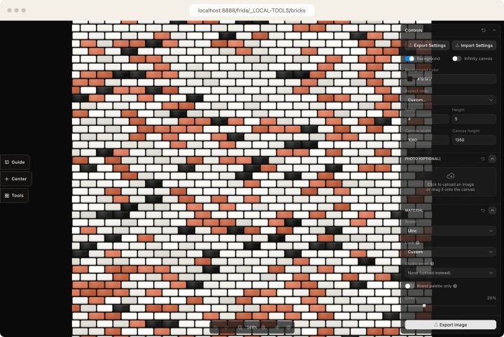 Bricks rebuilding an image as a running-bond mosaic, every brick snapped to brand colors.