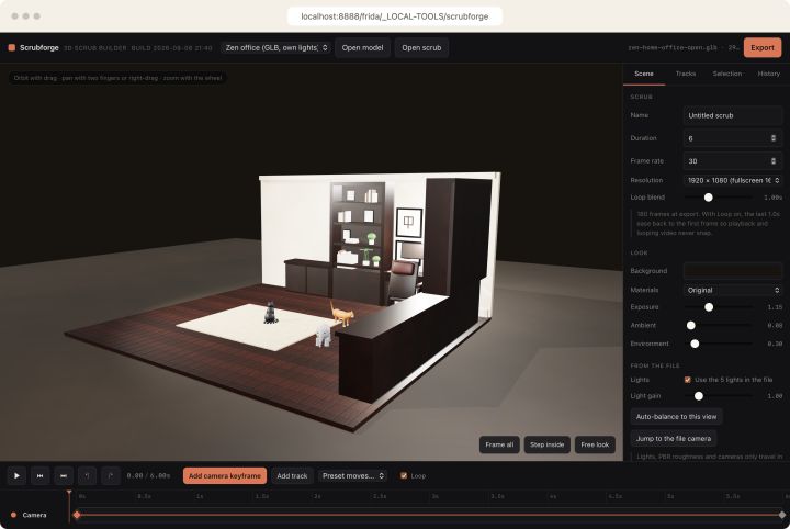 Scrubforge with a Blender-built office open, lights read from the file, camera keyframes on the timeline below.