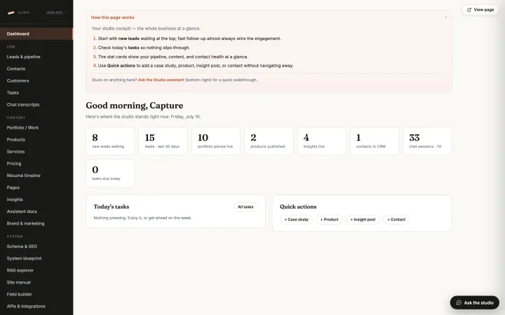 The dashboard: pipeline, tasks, content, and quick actions at a glance