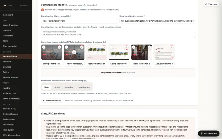 Featured case study panel: slides editor and motion picker