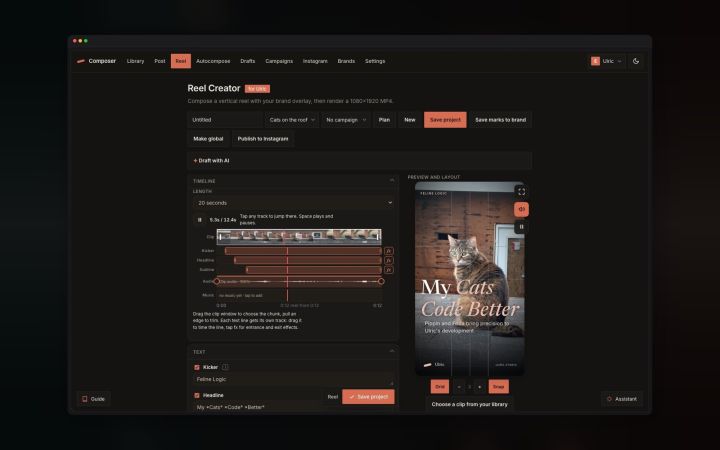 The timeline: text tracks timed against the footage, previewed at 1080x1920
