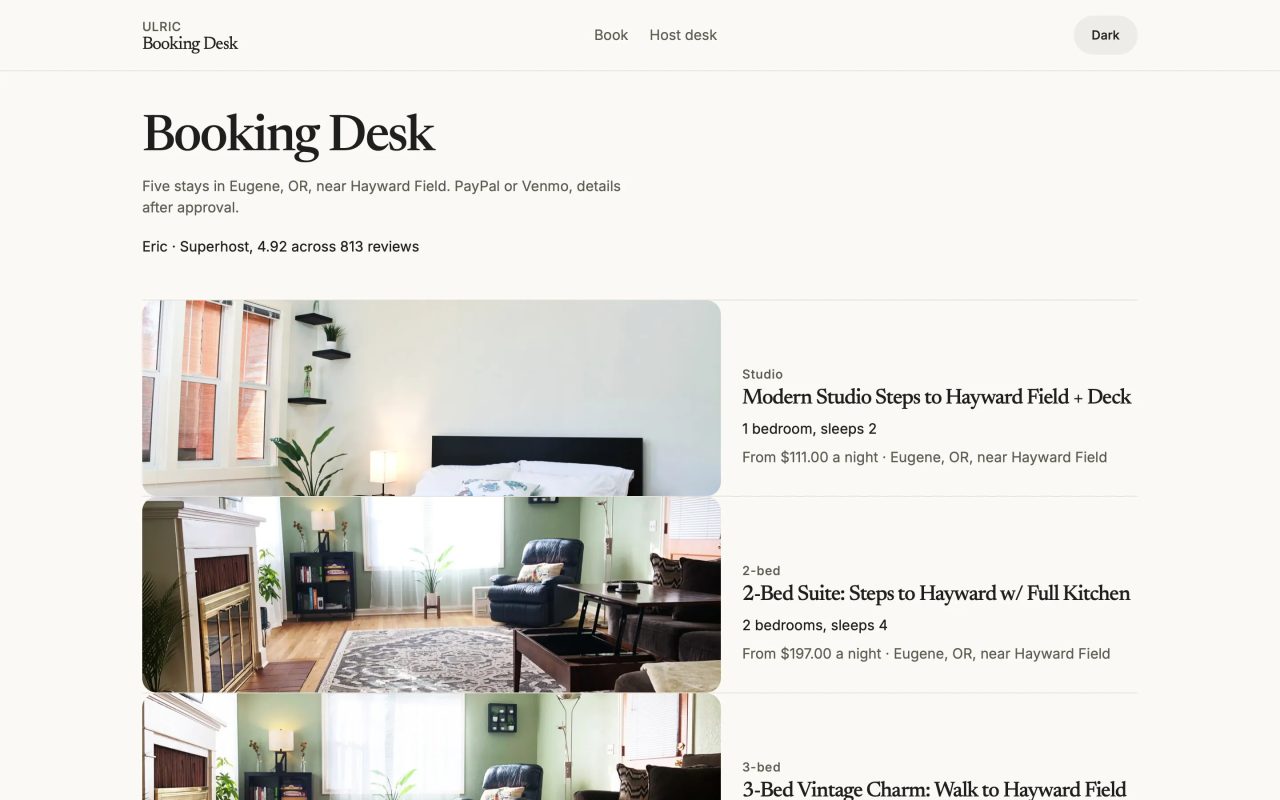 Booking Desk: direct booking for my five Eugene stays