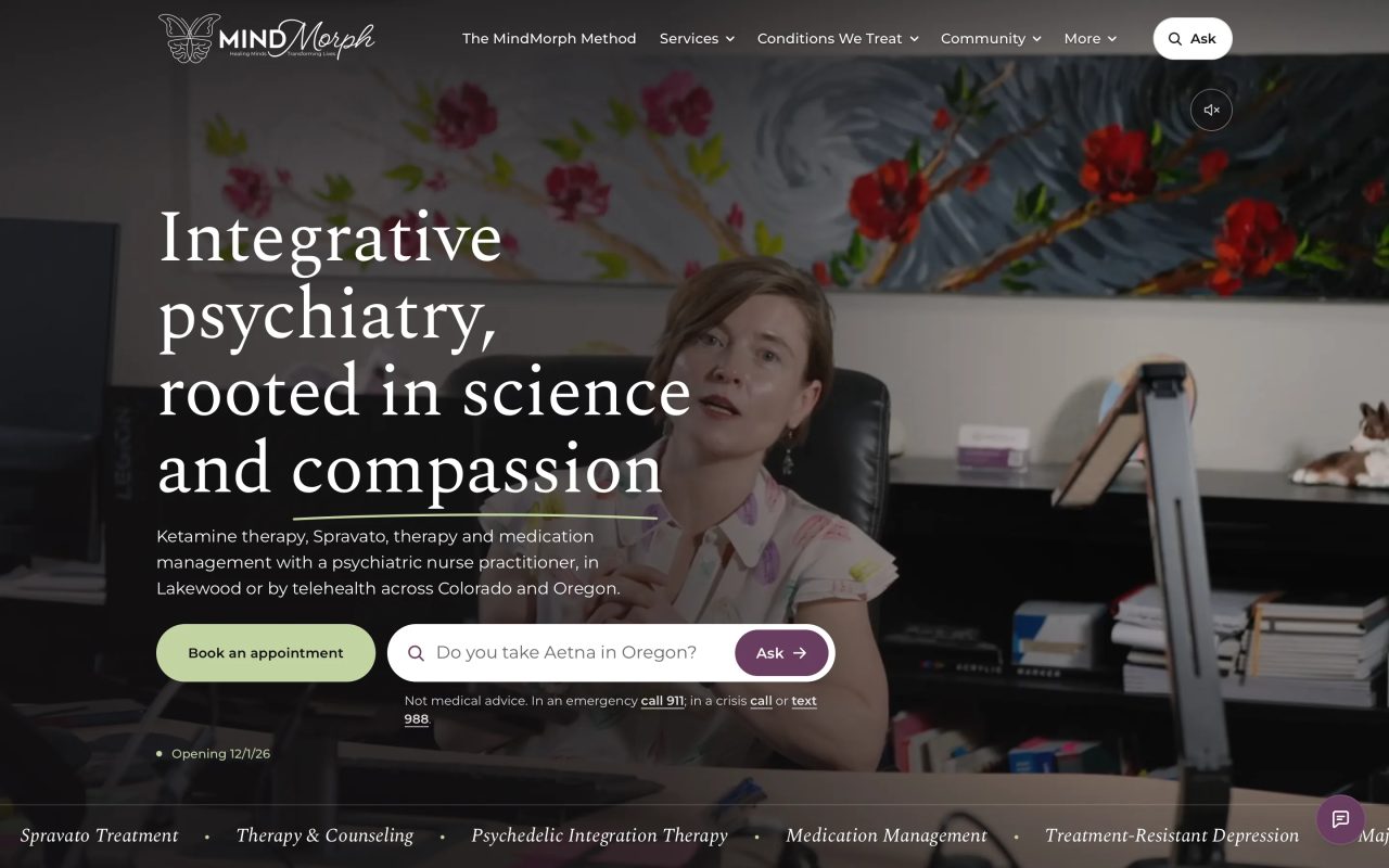 MindMorph Holistic Psychiatry: off WordPress and onto its own engine before the doors open, the site on a desktop screen