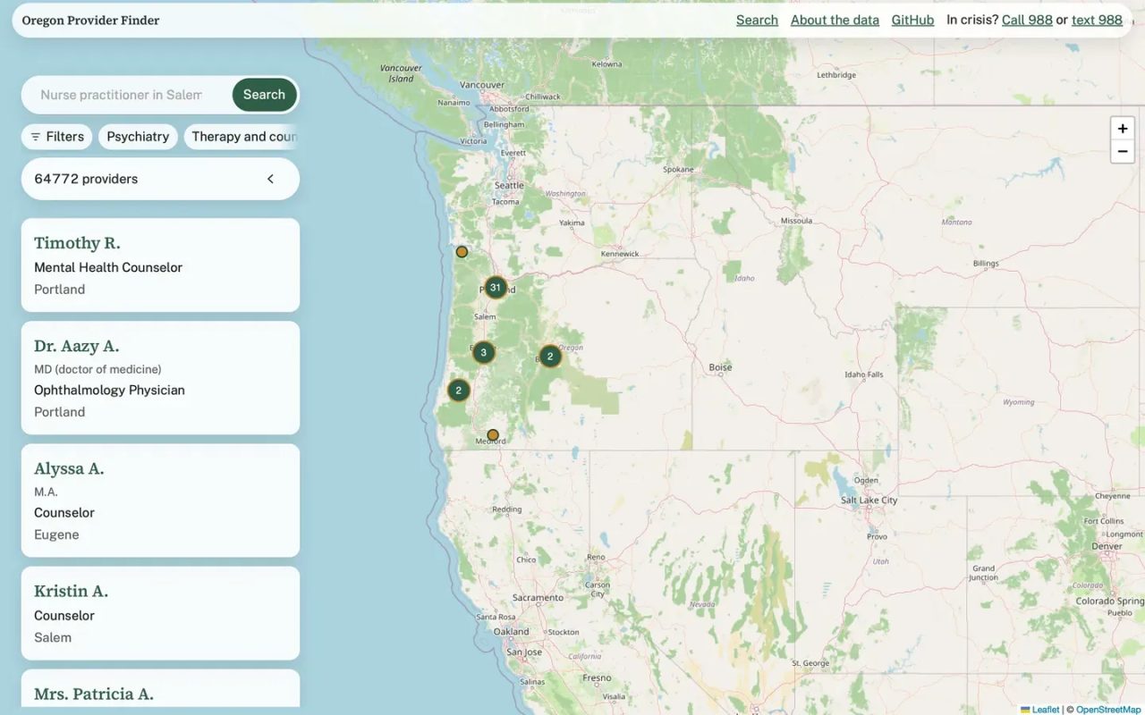 Oregon Provider Finder, the site on a desktop screen