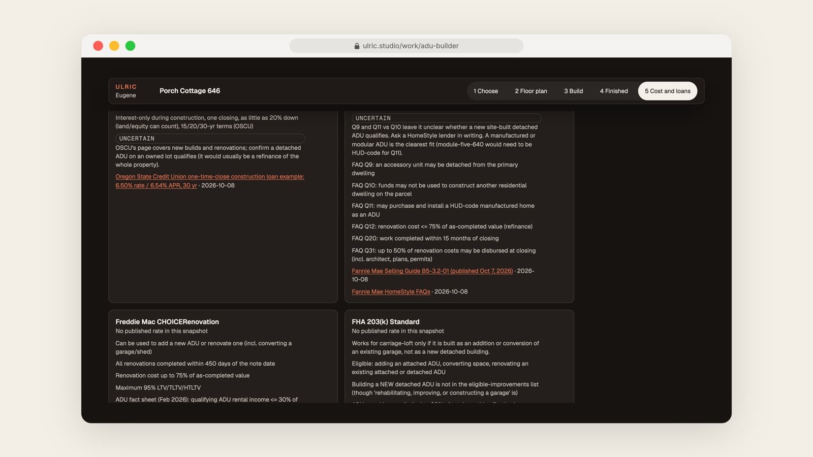 The cost and loans page, with a materials list in columns and loan options below it, all in the dark theme.