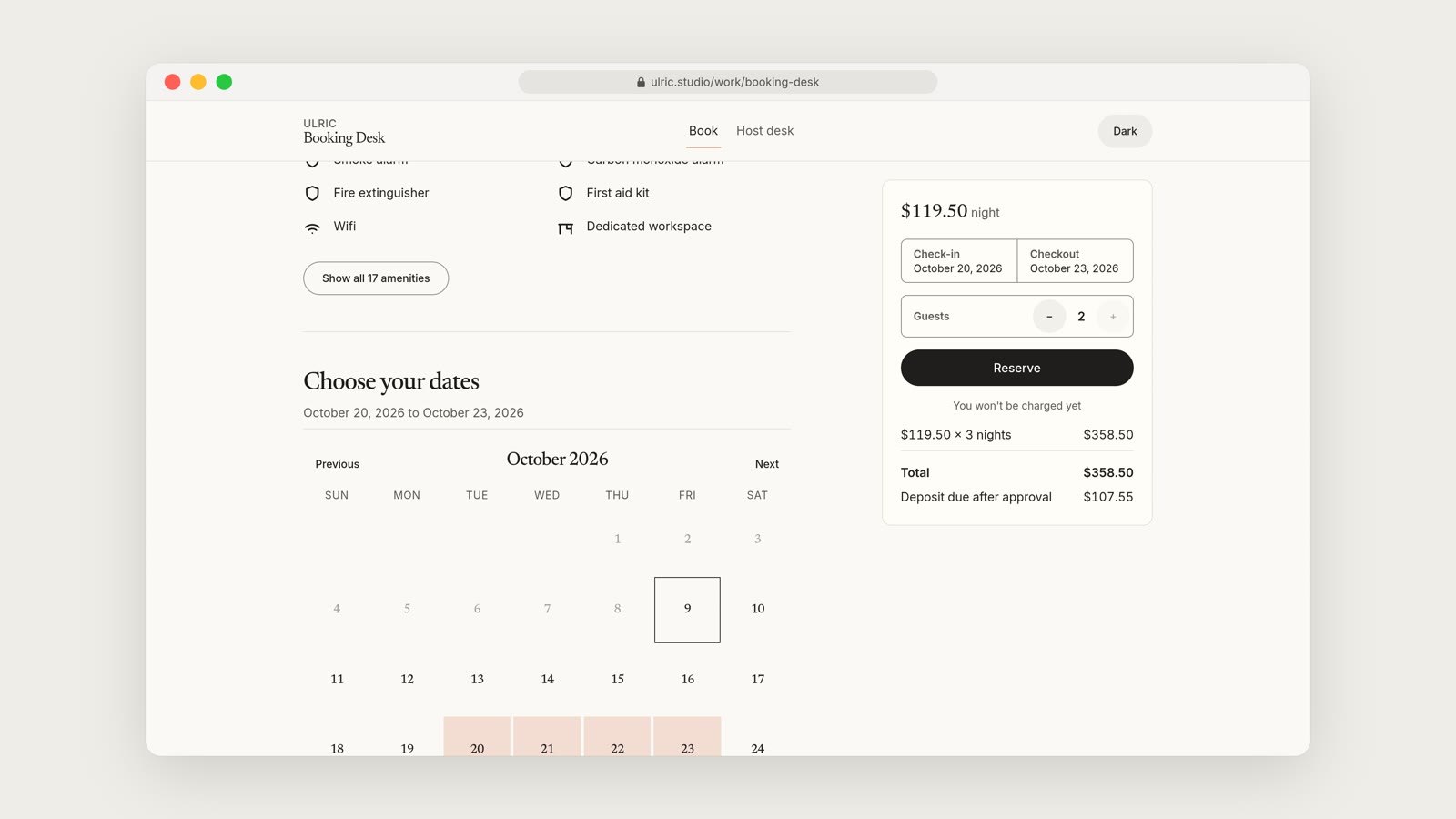 The Booking Desk date picker, with a Choose your dates calendar for October 2026 on the left and a stay summary showing dates, guests, taxes and a Reserve button on the right.