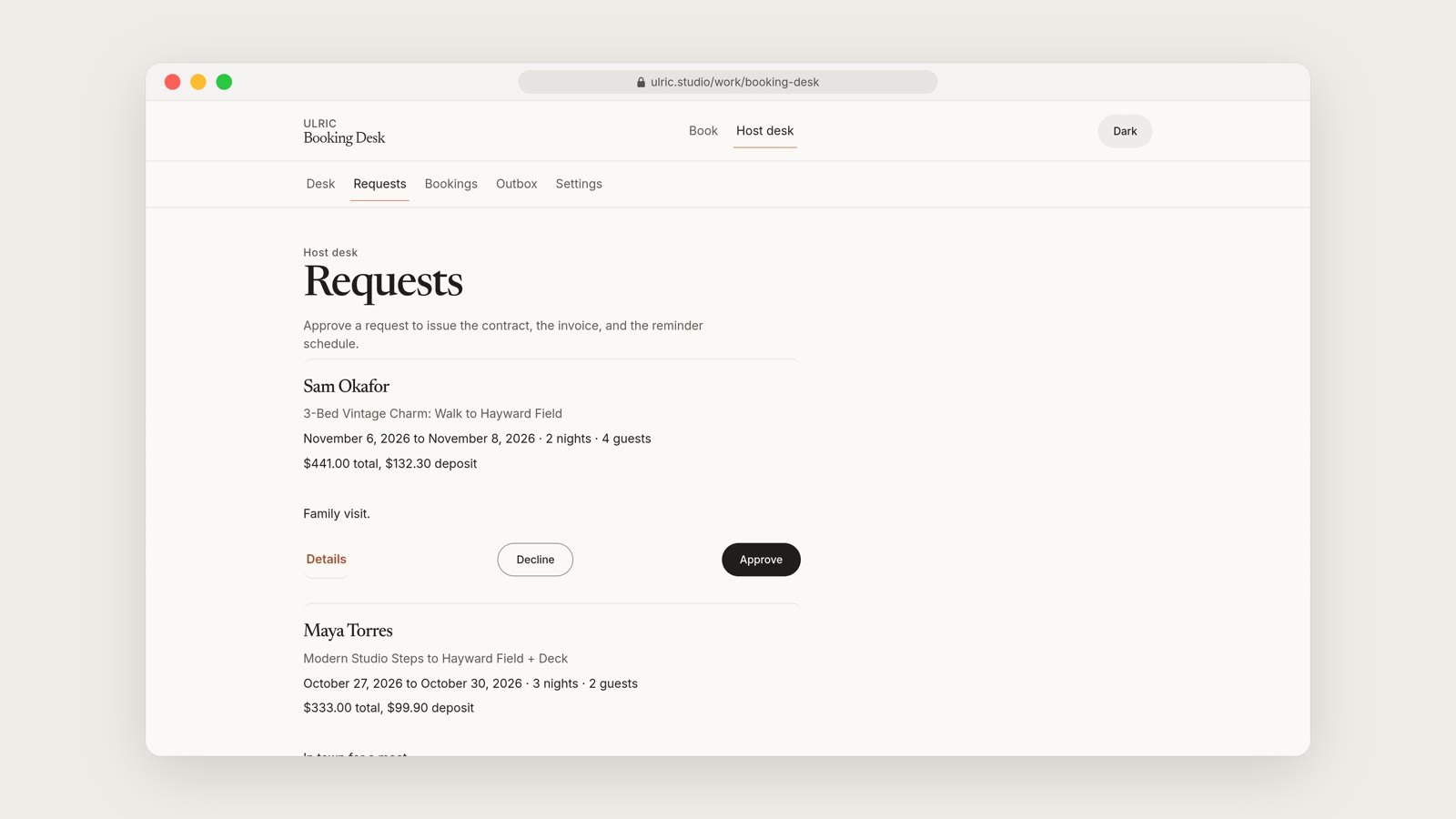 The host desk Requests screen listing two guest requests with their dates, guest counts and prices, each with Decline and Approve buttons.